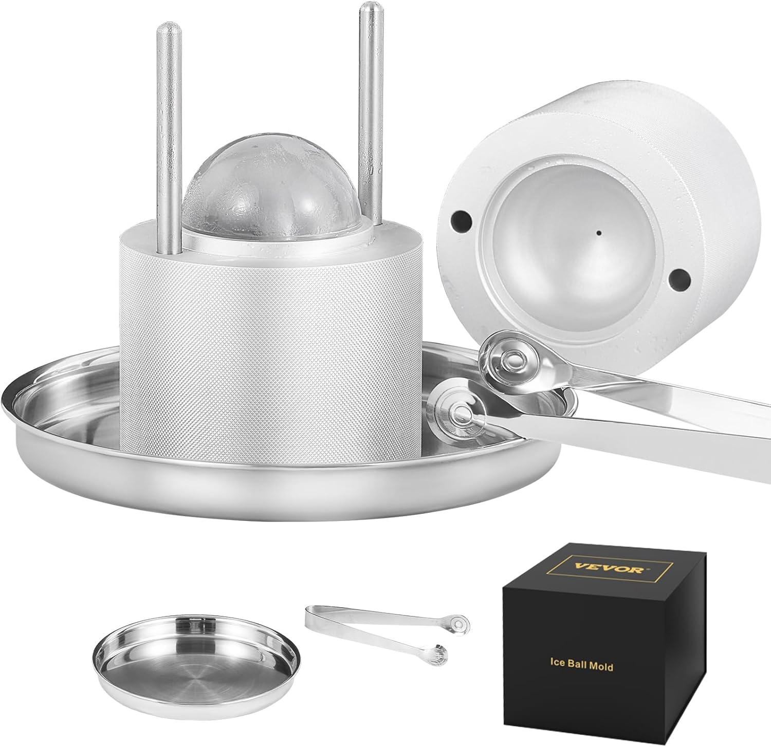VEVOR Ice Ball Press, 2.4" Ice Ball Maker, Aircraft Al Alloy Ice Ball Press Kit for 60mm Ice Sphere, Ice Press with Tong and Drip Tray, for Whiskey, Cocktail, Bourbon, Scot on Party & Holiday, Silver Silver 2.4 inch Ice Ball without Ice Block Mold