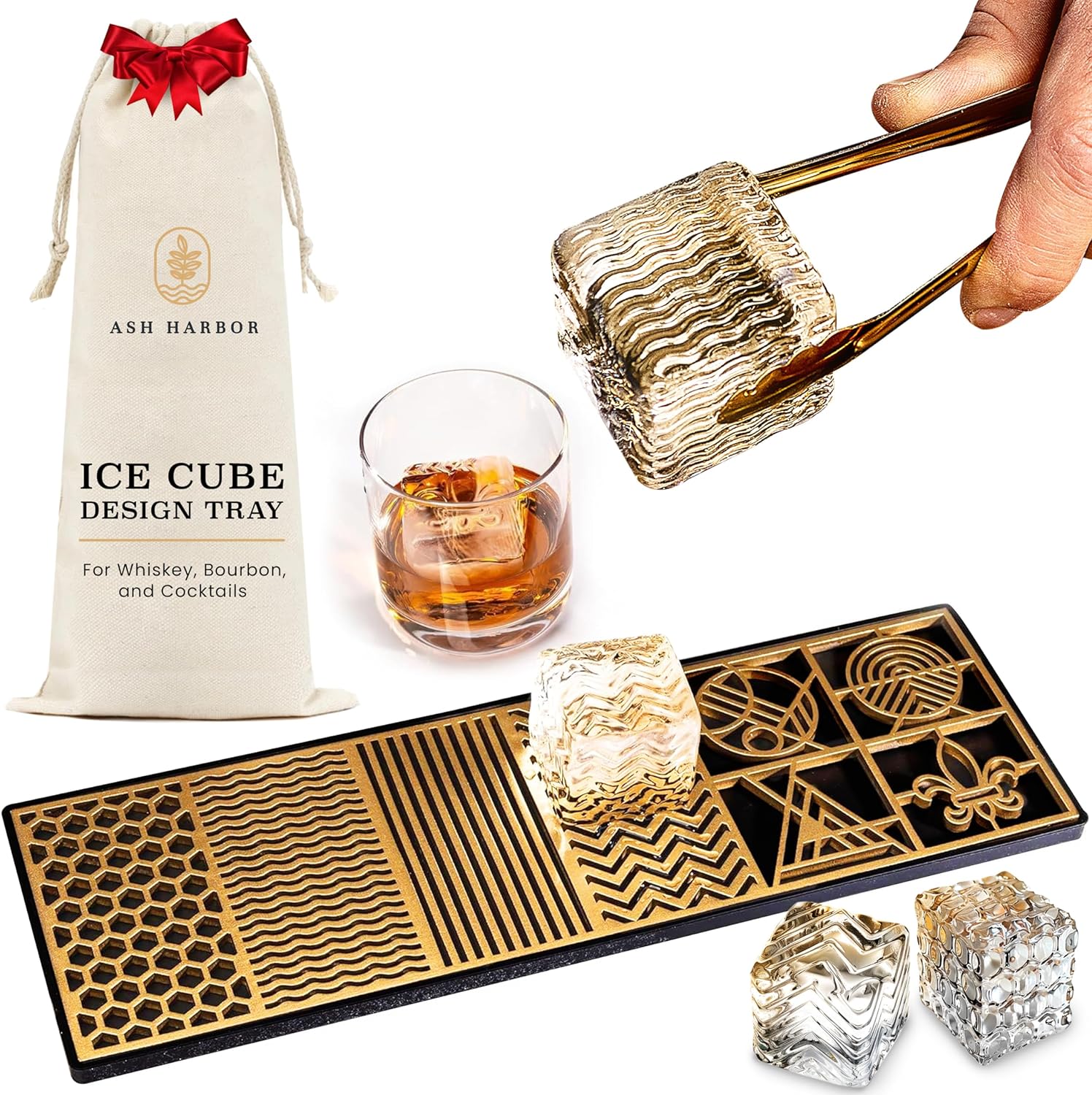 Clear Ice Cube Maker Design Tray - Craft Modern Ice Molds for Bourbon & Cocktails in 5 Seconds - Whiskey Mold Cube Stamp – Bartender Accessories - Copper Ice Press Cocktails by Ash Harbor (Patterns)