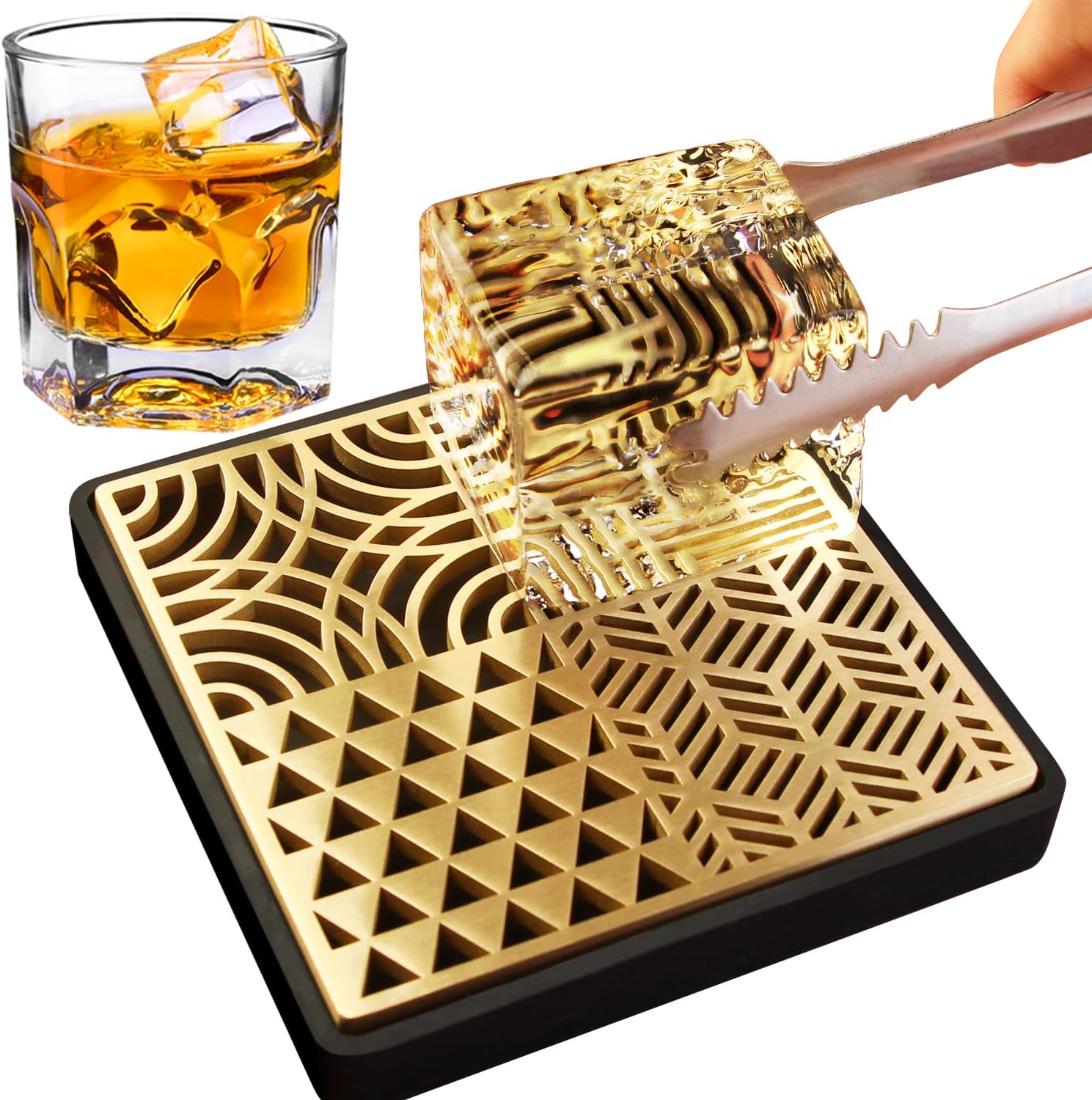 Ice Stamp Tray for Cocktails & Whiskey - Brass Ice Cube Imprinter for Clear Ice Cubes -Ice Press Craft Modern Ice Molds Stamps-A Style Casual