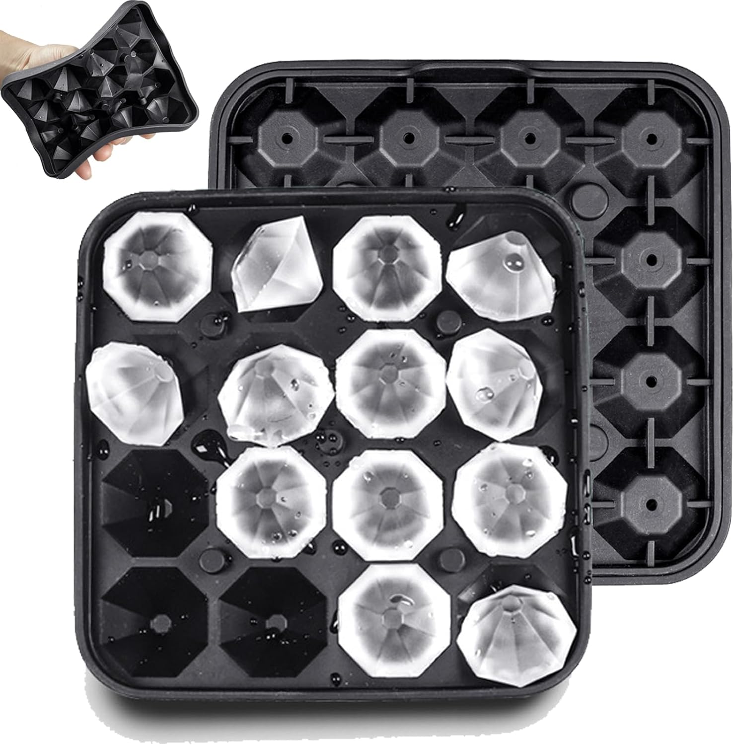 Tiny Diamond Ice Molds Fun Shapes 2 Pack, Small Diamond-Shaped Silicone Ice Cube Trays 16 Cubes Per Tray, Easy Release, BPA-Free and Stackable, Mini Ice Cube Trays with Lid
