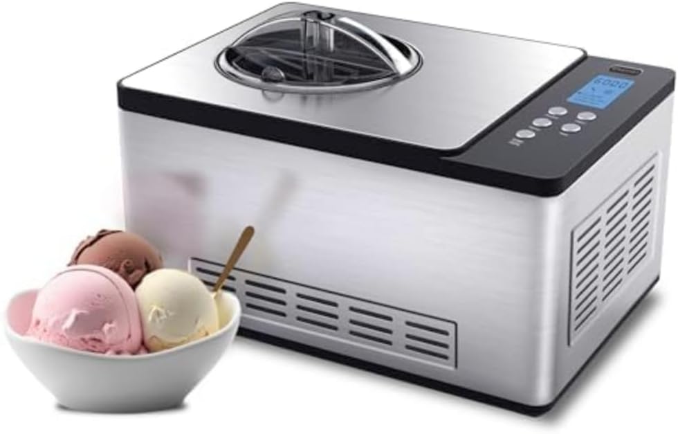 Ice Cream Maker Machine Automatic 2.1 Qt - with Built-In Compressor, LCD Digital Display & Timer, No Pre-Freezing, ICM-200LS, Stainless Steel 2.1 Quart Stainless Steel