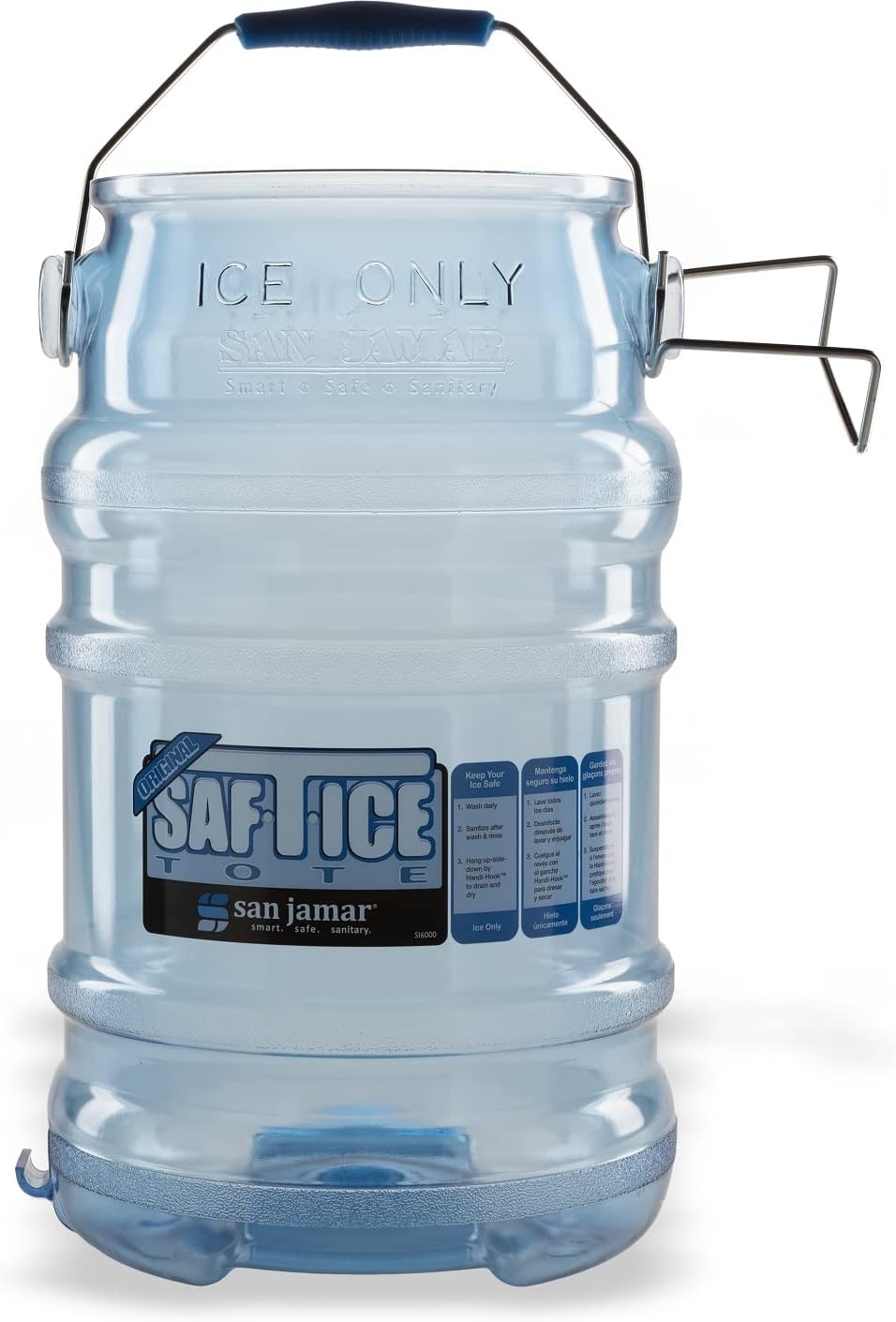 Saf-T-Ice Plastic Ice Tote, Ice Bucket with Drying and Storage Hook for Restaurants, Bars, Catering Events, Buffets, 6 Gallons, Blue Tote Bucket