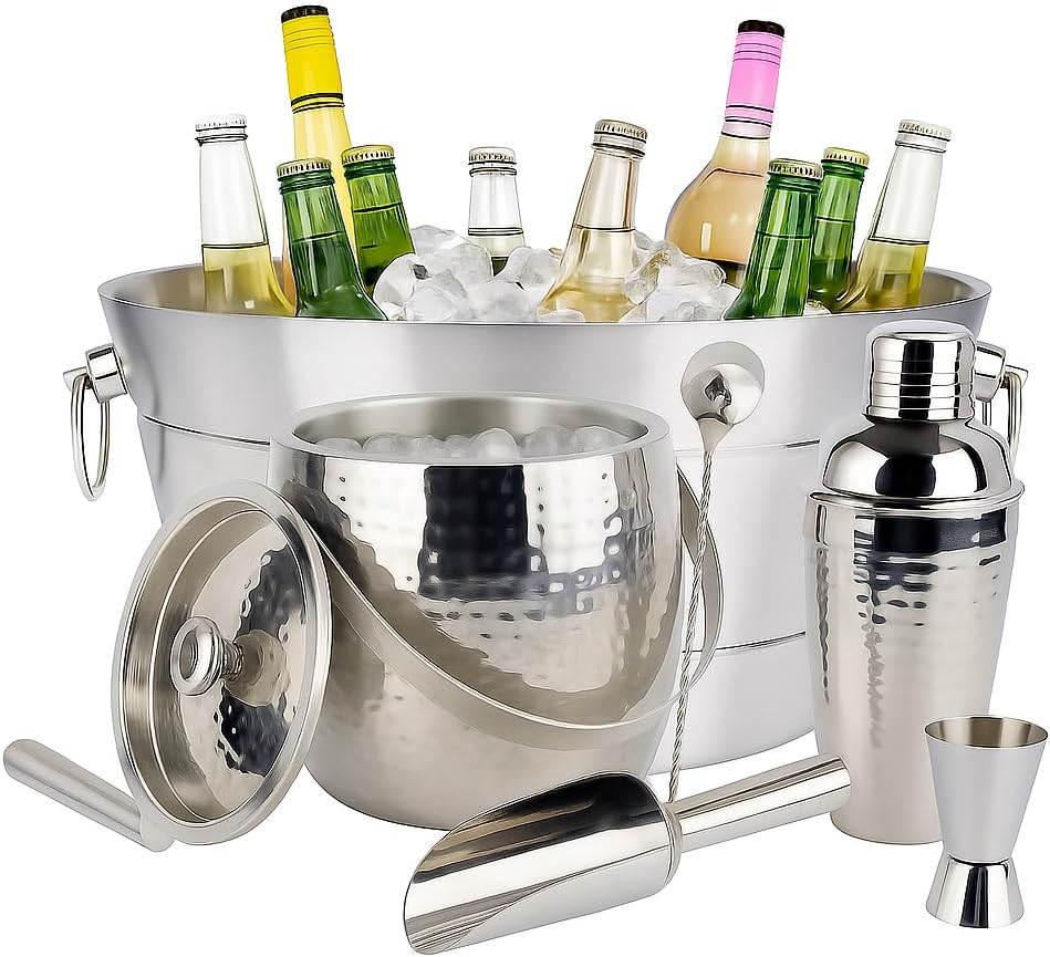 Stainless Steel Beverage Tub and Ice Bucket with Lid and Scoop Party Combo Set, Silver Double-Walled Insulated Barware Set