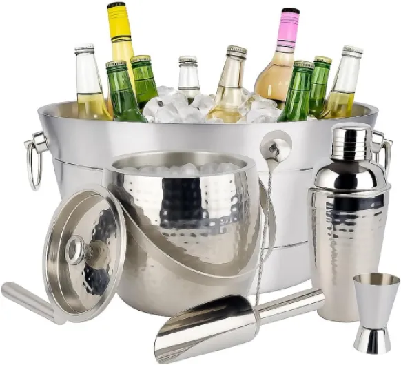 Stainless Steel Beverage Tub and Ice Bucket with Lid and Scoop Party Combo Set, Silver Double-Walled Insulated Barware Set