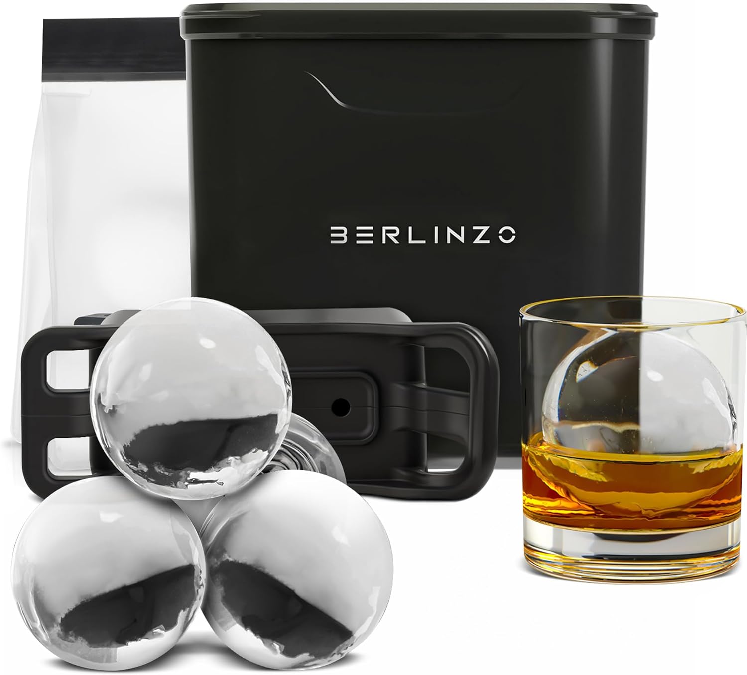 Premium Clear Ice Ball Maker Mold - 2 Large 2.4" Crystal Clear Ice Balls for Whiskey, Cocktails & Bourbon, Easy-to-Remove Ice Sphere Mold - Storage Bag Included (Non-Electric) 2-Balls Black