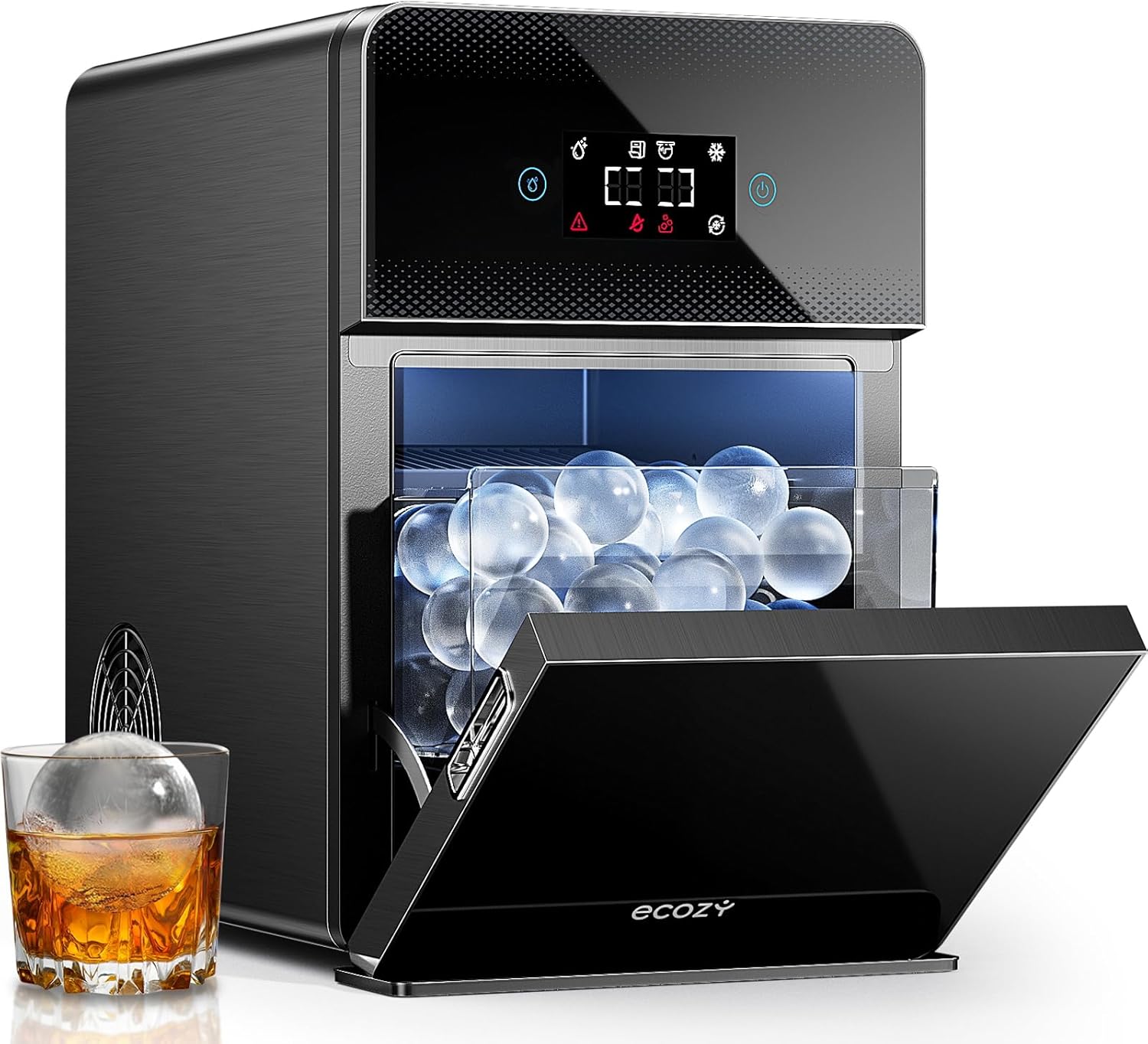 2" Clear Ice Ball Maker with CrystalFlux Technology, 4 pcs in 40 Mins, 144 pcs/Day, Sphere Ice Maker with Enhanced Insulation, Self-Cleaning, Automatic Water Supply for Whiskey Stainless Steel Black Sphere Ice Maker
