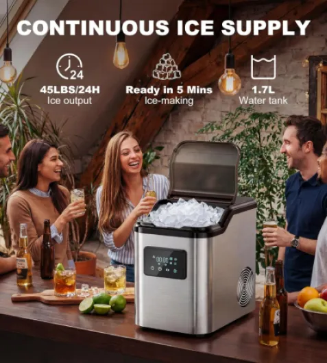 Nugget Ice Makers Countertop,Portable Pebble Ice Machine with Crushed Ice,45lbs/Day Soft Pellet Ice Maker Stainless with 24H Timer, Self-Cleaning Chewable Sonic Ice for Home,Kitchen,Office 45lbs/day Silver 1