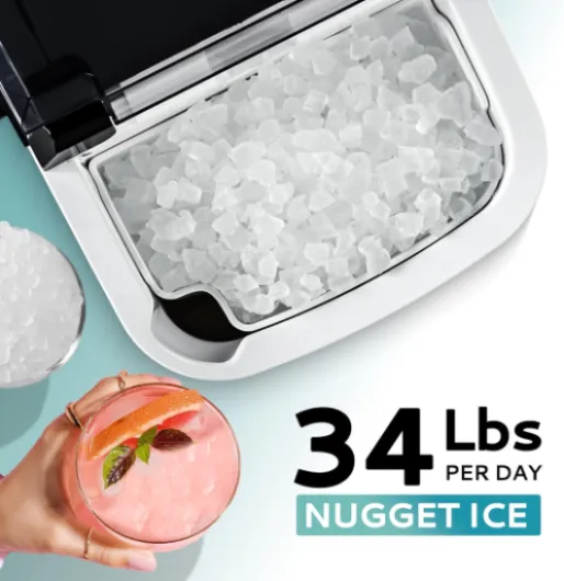 Nugget Ice Maker Countertop with Handle, Ready in 6 Mins, 34lbs Per Day, Removable Top Cover, Auto-Cleaning, Portable Sonic Ice Maker with Basket and Scoop, for Home/Party/RV/Camping (Black)