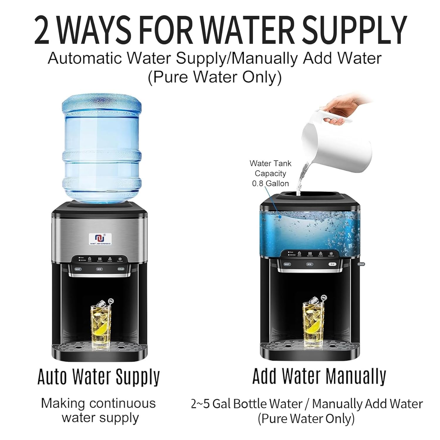 3-in-1 Portable Ice Maker Water Dispenser Countertop Built-in Ice Machine 44lbs Ice Daily Top Loading 5 Gallon Hot Cold Water Dispenser w - 4lb Ice Storage & Cleaning Sets, Water Pump Black