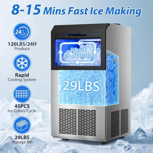 Commercial Ice Maker Machine, 120lbs/24H Stainless Steel Under Counter ice Machine with 45 Ice Cubes/Cycle, 2 Water Inlet Modes, Self Clean, 24H Timer,29LB Storage Bin for Bar, Coffee Shop, Home 16.53*29.72*14.96inches Stainless Steel Silver 1