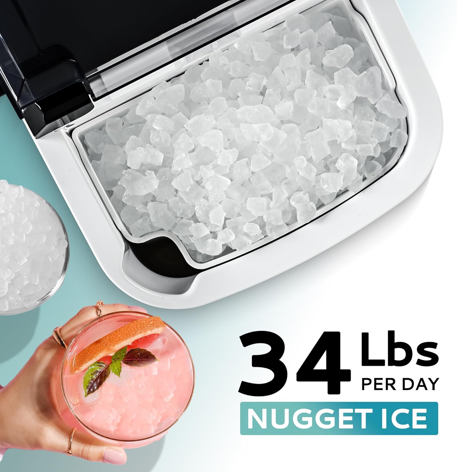 Nugget Ice Maker Countertop with Handle, Ready in 6 Mins, 34lbs Per Day, Removable Top Cover, Auto-Cleaning, Portable Sonic Ice Maker with Basket and Scoop, for Home/Party/RV/Camping (Black)