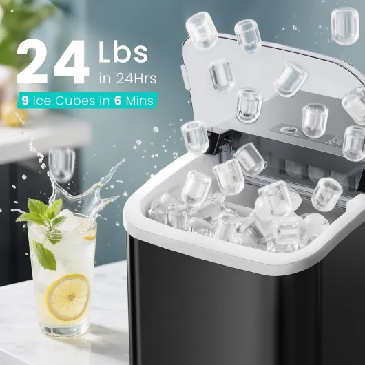 Ice Maker Machine with Handle,26lbs in 24Hrs,9 Ice Cubes in 6 Mins,Auto-Cleaning Portable Ice Maker with Basket and Scoop, Countertop Ice Maker for Home/Kitchen/Camping/RV, Sleek Black Sleek Black Handle-26.5Lbs/24H
