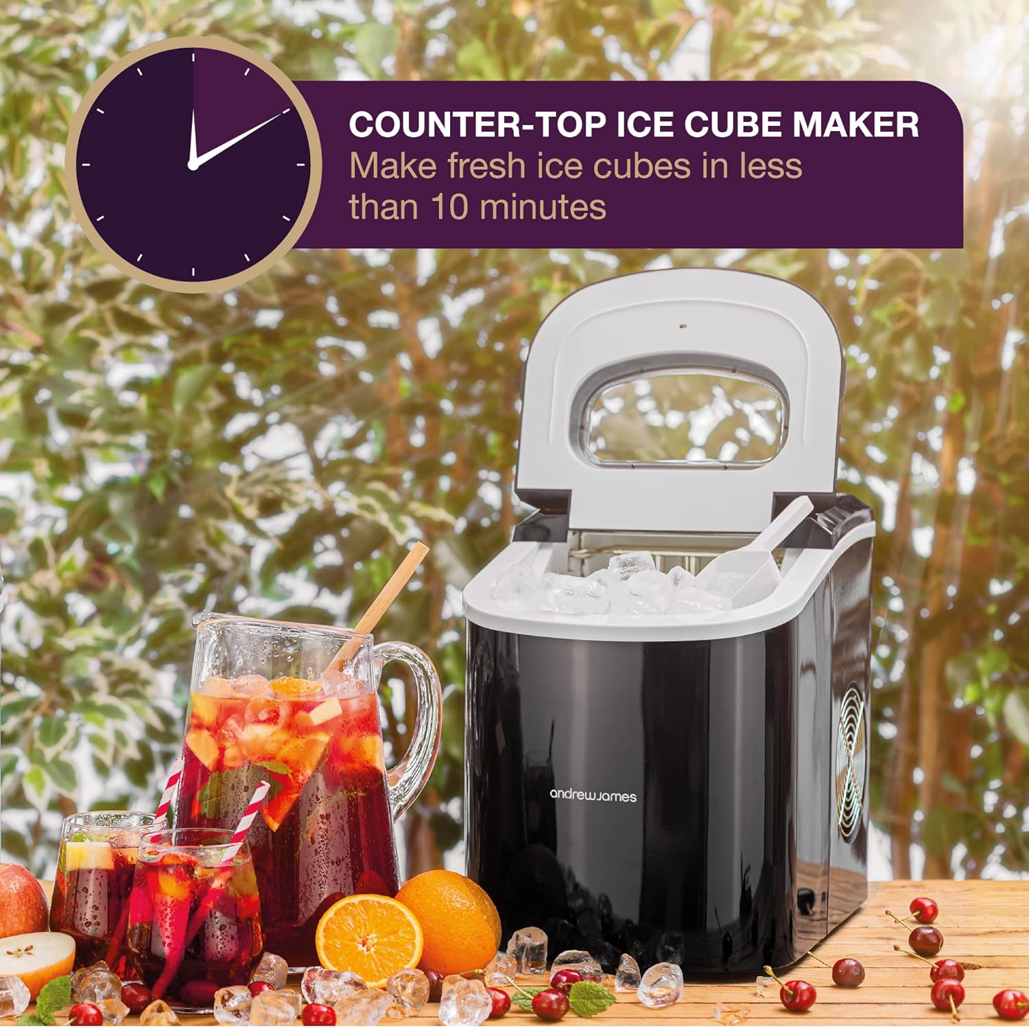 2.2L Andrew James Ice Maker Machine – Portable Countertop Ice Machine for Home, Electric Ice Dispenser with Scoop & Basket, Self-Cleaning, Small or Large Ice Cubes Black