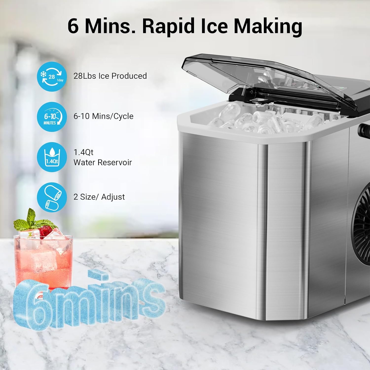 Portable Ice Maker Countertop with WiFi, 9 Cubes Ready in 6 Mins, 28lbs/Day, 2 Sizes of Bullet, Self-Cleaning Ice Machine with Ice Scoop and Basket Home Kitchen Office Bar Party Silver 28Lbs