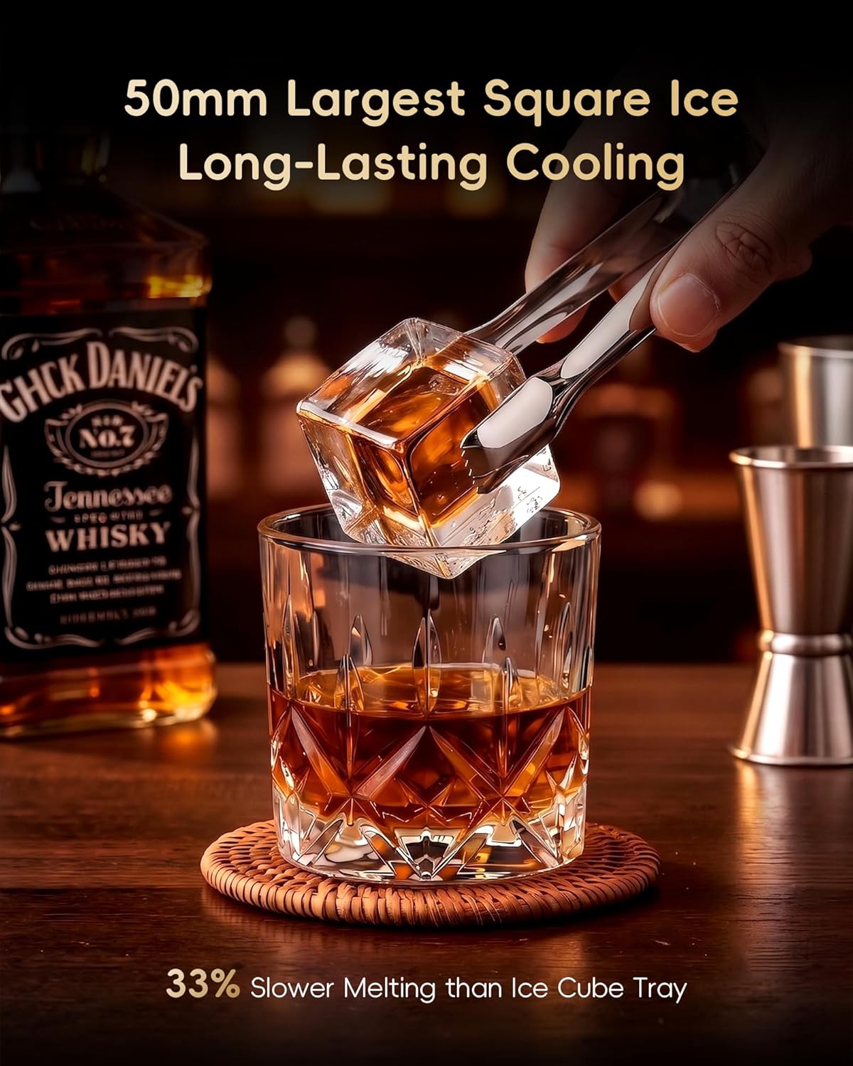 2'' / 50mm Clear Ice Cube Maker, 24H Timer, 2 Square Ice in 30 Mins with Eco Mode, 96 Pcs/Day, LED Touch Screen, CrystalFlux Technology, Ice Maker Machine for Home Bar Whiskey & Bourbon Matte Black