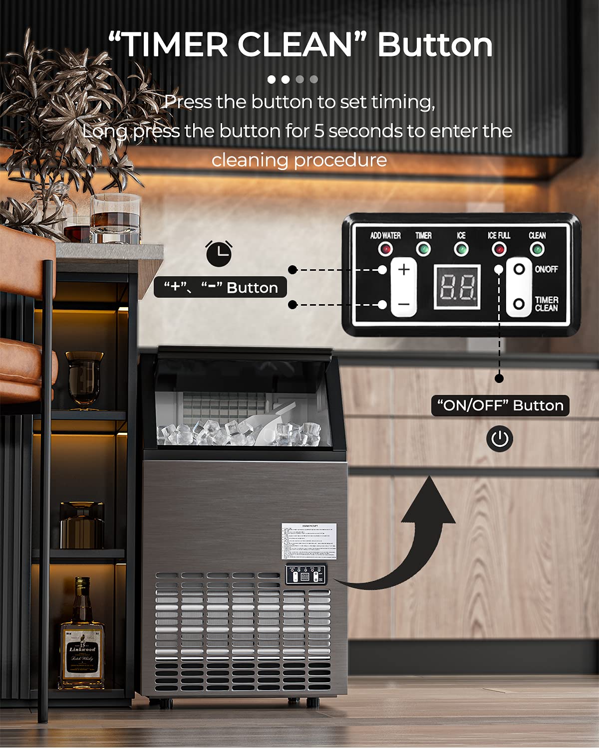 Commercial Ice Maker Machine, 50kg/24H Stainless Steel Ice Cube Maker, 15kg Ice Storage Capacity, Digital Control Refrigeration, Auto Clean Ice Making Machine for Bar Restaurant