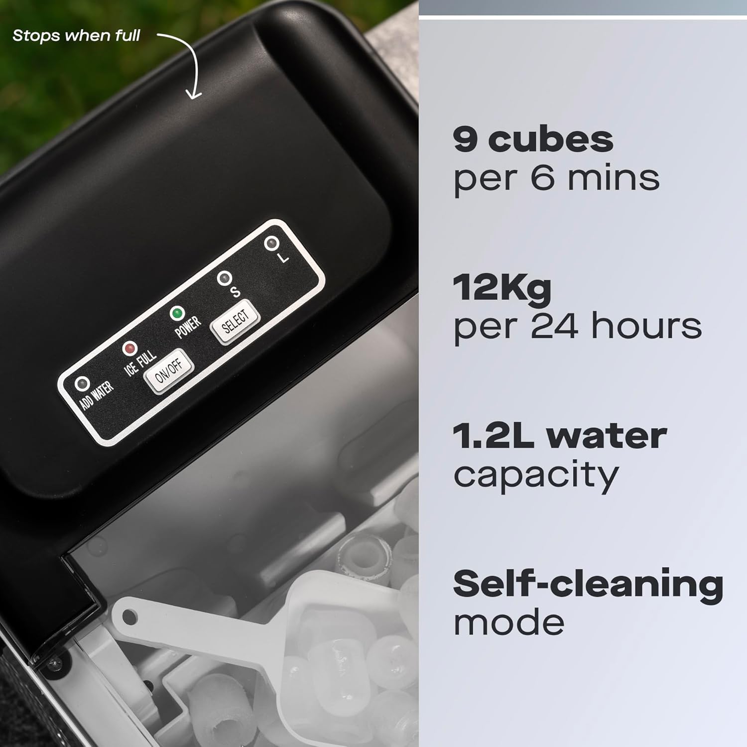 12KG Ice Maker Portable With Handle, 9 Bullet Cubes In 6 Minutes With 2 Size Options, 12KG In 24Hrs, Self-Cleaning, Scoop And Ice Basket Included, For Bar, Home, Office