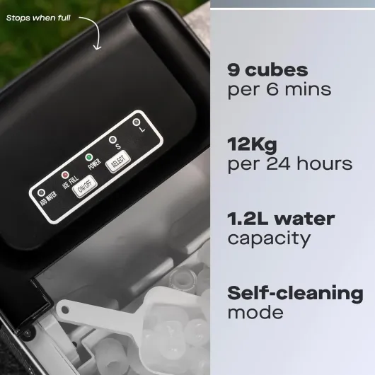 12KG Ice Maker Portable With Handle, 9 Bullet Cubes In 6 Minutes With 2 Size Options, 12KG In 24Hrs, Self-Cleaning, Scoop And Ice Basket Included, For Bar, Home, Office