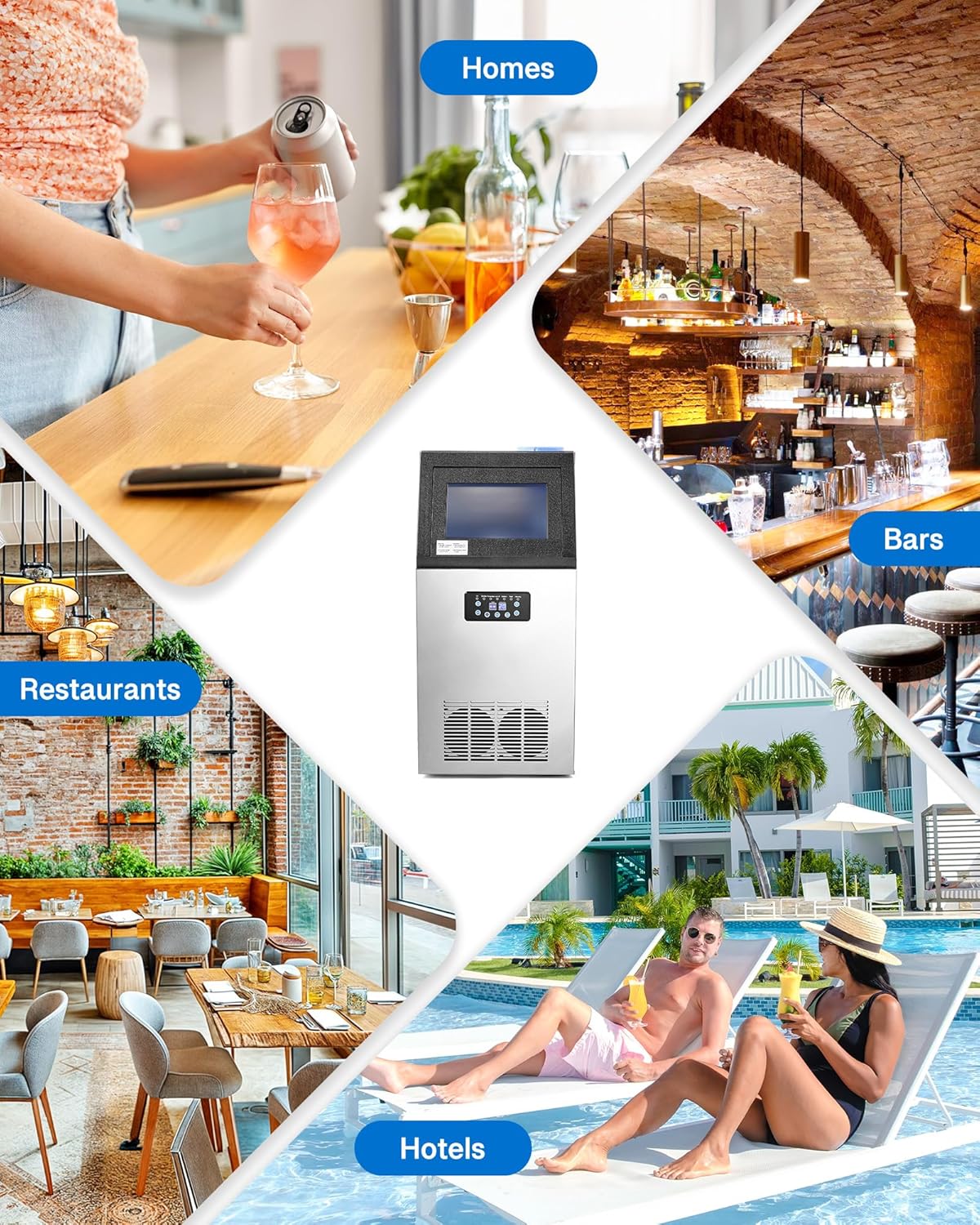 Commercial Ice Machine, Industrial Ice Maker Machine, Freestanding Stainless Steel Ice Cube Machine with 10kg Ice Storage Capacity for Bar Home Supermarkets（72.5kg/24h 45 Ice Cubes） 72.5 kg/24h (160 lb/24h)