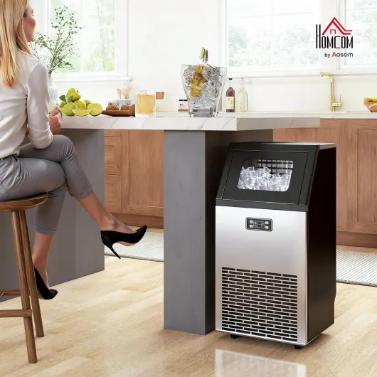 Commercial Ice Maker Machine, Freestanding Stainless Steel Ice Machine with Self-Cleaning, LCD Display, 45kg/24 Hours and 11kg Ice Storage for Home, Office, Bar, Restaurant, Supermarkets