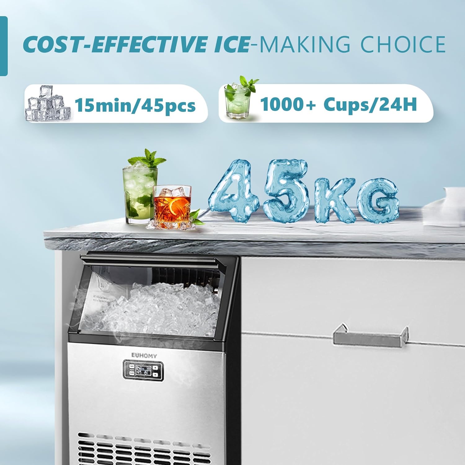 Commercial Ice Maker Machine, 45kg/24H Stainless Steel Under Counter Ice Machine with 15kg Ice Storage Capacity, Freestanding Ice Maker, Cube Ice Machine for Bar, Home, Supermarkets, Restaurant