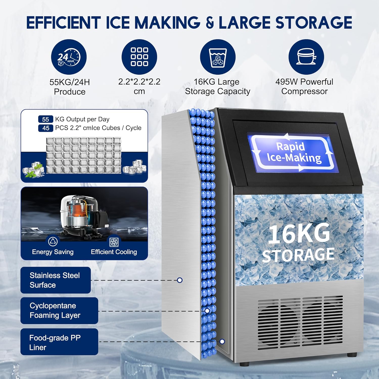 Commercial Ice Maker Machine 55KG/24H High Output - 16KG Ice Storage, Built-in/Freestanding Ice Cube Maker with Self-Cleaning & Timer for Home Bars Restaurants 55 kg/24h