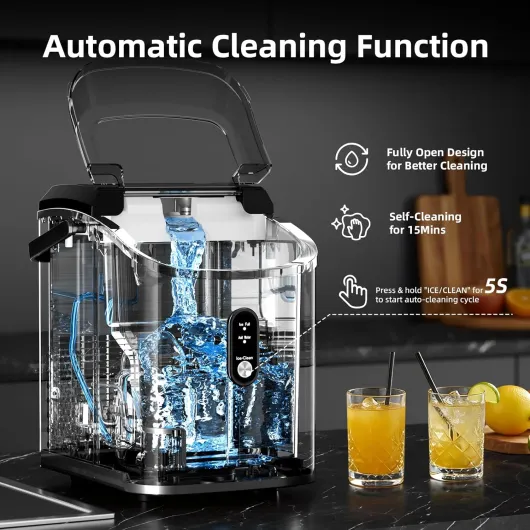 Nugget Ice Maker Machine with Self-Cleaning, 16KG/24H, Portable Countertop Ice Cube Maker with Handle, Basket & Scoop – Ideal for Home, Kitchen, Office, Camping, Stainless Steel, Black