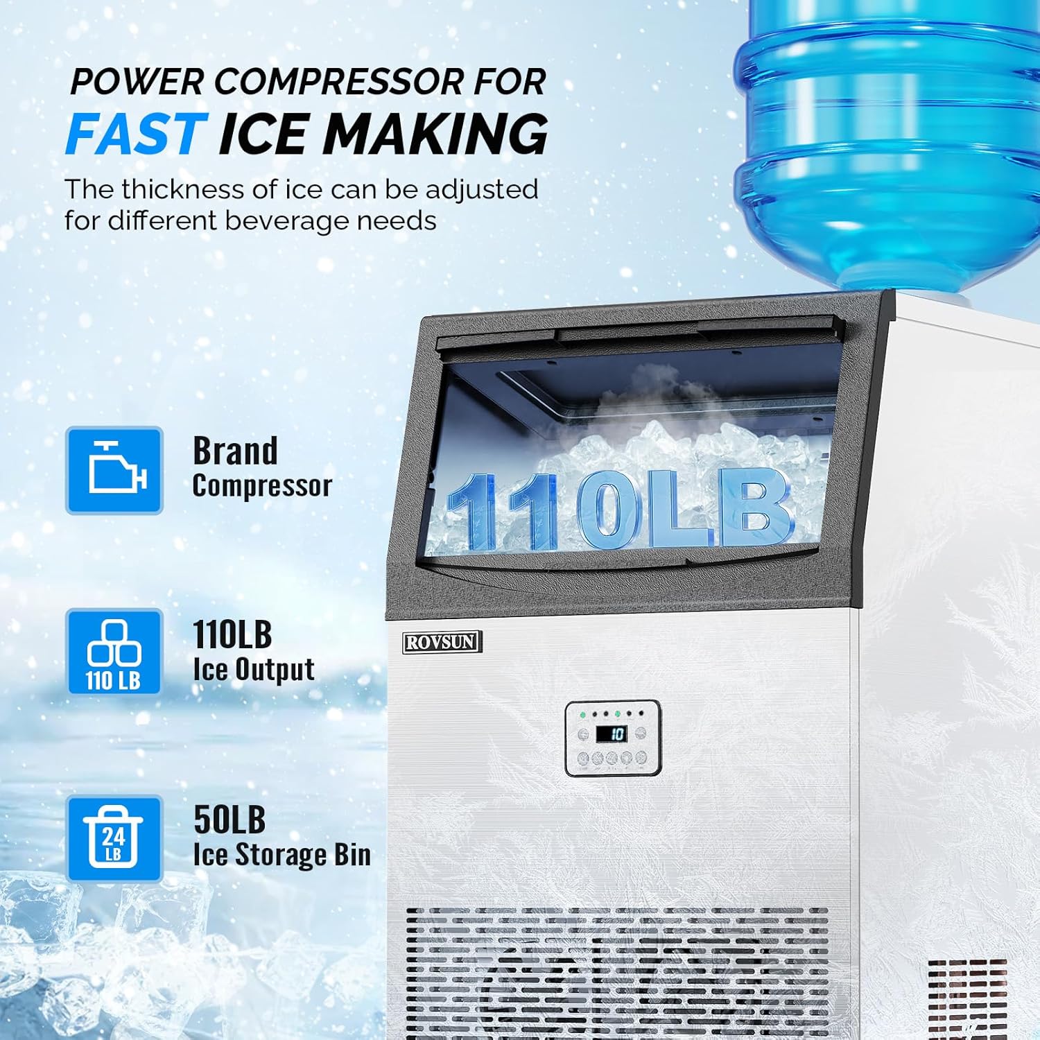 ROVSUN Commercial Ice Maker, 50kg/24H Stainless Steel Under Counter Ice Machine with 22kg Storage Capacity, Dual Water Supply Options, for Home Bar, Café